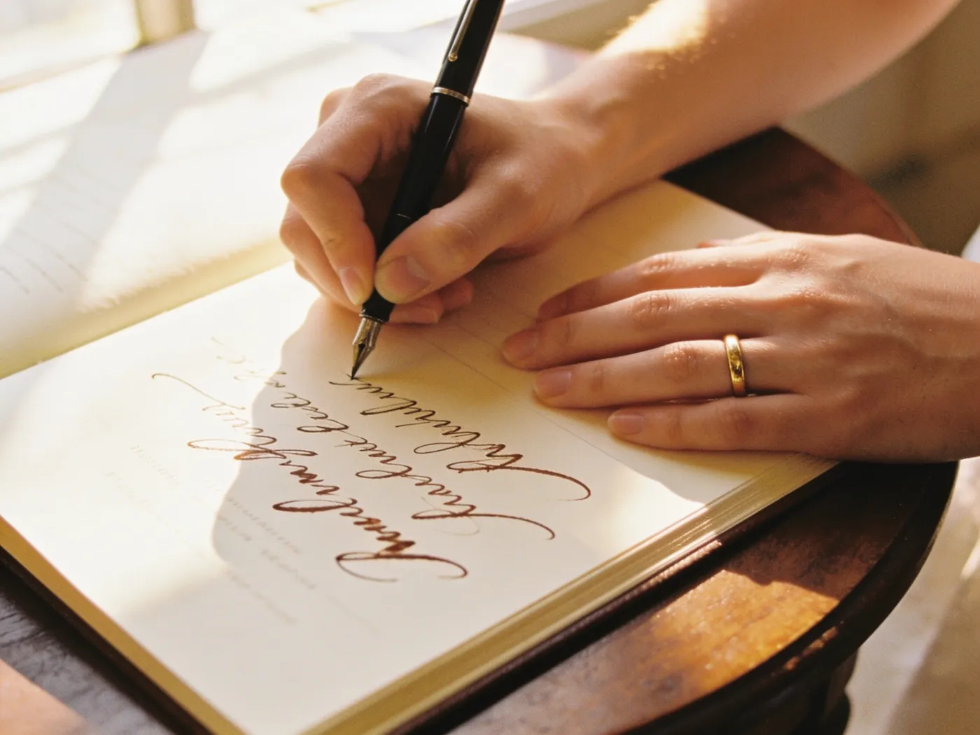 Twee handen bij de huwelijksakte, een hand schrijft met een vulpen een handtekening in donkere inkt